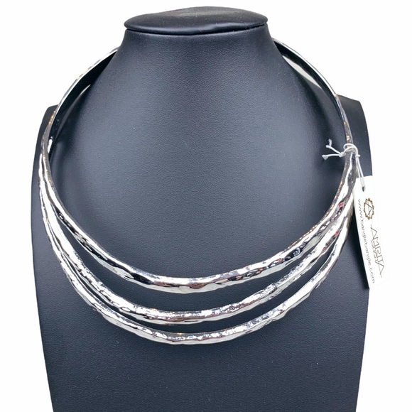 Silver Hammered 3 Row Tiered Collar Necklace - Picture 9 of 11
